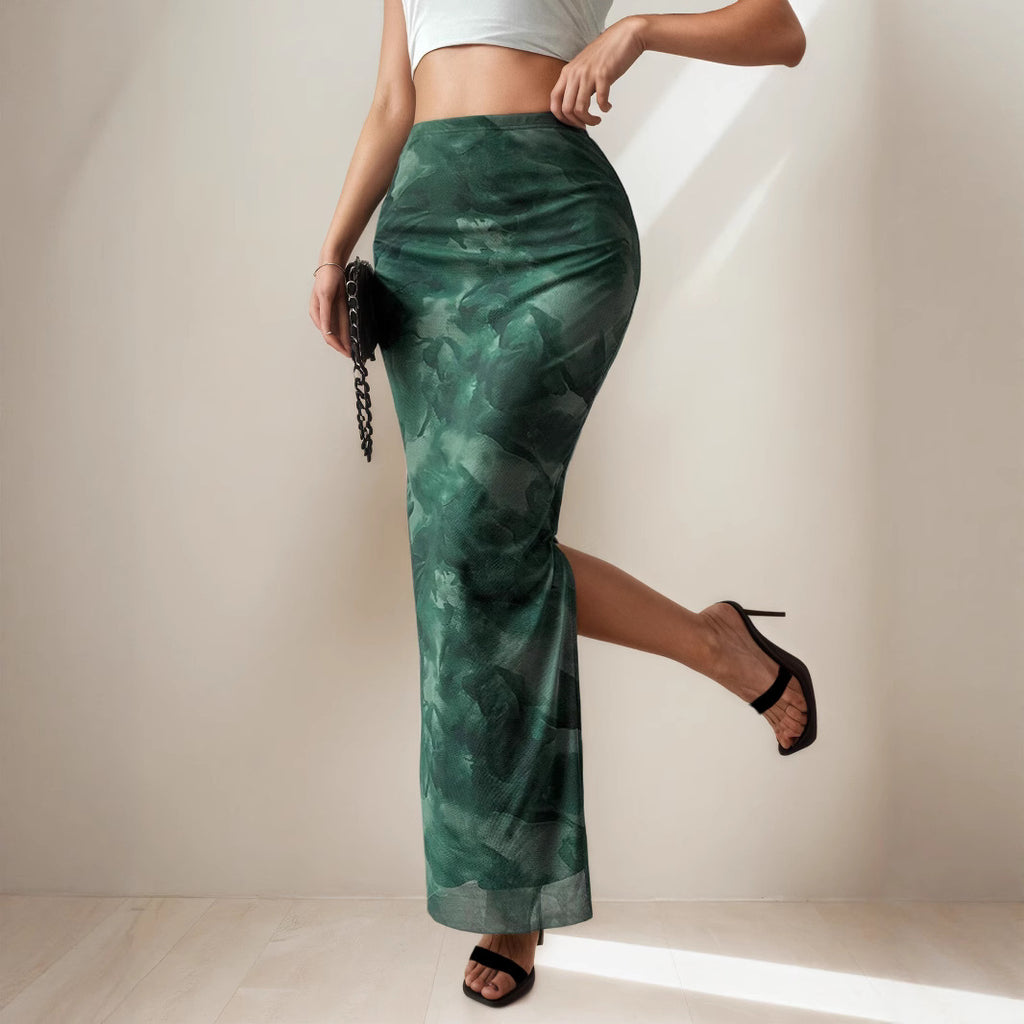 Women Clothing Summer Printed Skirt Sexy Side Split Slimming All-Matching Graceful Long Skirt George