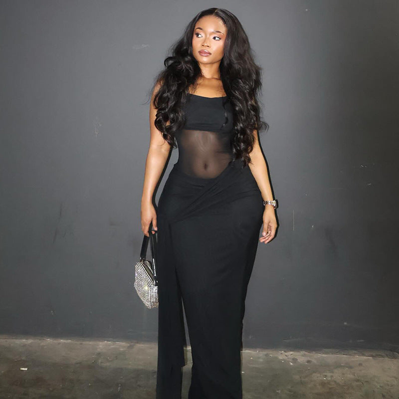 Women Clothing Solid Color Design Slightly Revealed Cropped Hip round Neck Slim Street Maxi Dress Kinci