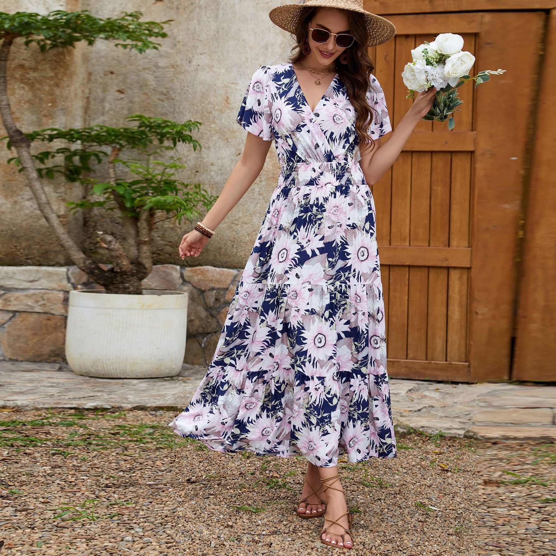 Real Shot Spring Summer Rayon Short Sleeve V neck Slim Fit Figure Flattering Maxi Dress Vacation Dress JoyMer