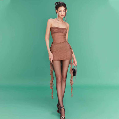 Autumn Sexy Starry Rhinestone Tube Top Ribbon Mesh See through Dress Women