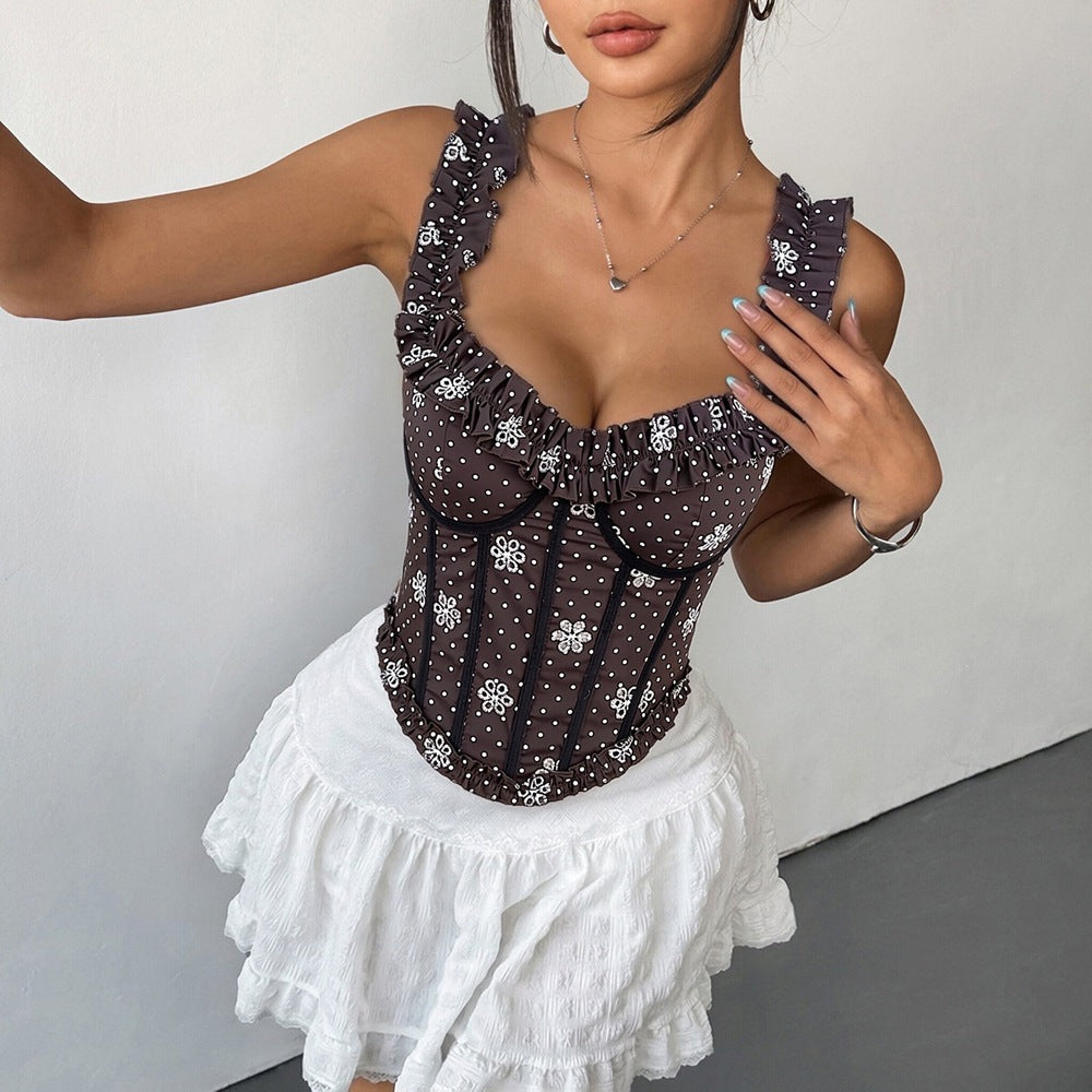 Women Clothing Suspender Top V Collar Polka Dot Sexy Short Tube Top Short Vest SaturdayNight