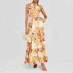 Retro Elegance Floral Printed Dress Summer Waist Slimming Sleeveless Lace up Dress Ory