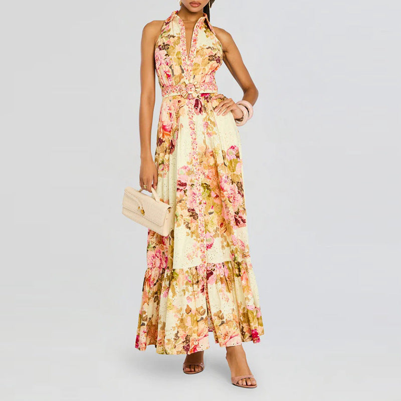 Retro Elegance Floral Printed Dress Summer Waist Slimming Sleeveless Lace up Dress Ory