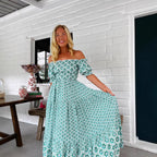 Women Clothing Printed Puff Sleeve Large Swing Dress XUYUN