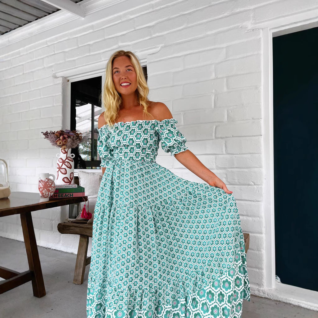 Women Clothing Printed Puff Sleeve Large Swing Dress XUYUN