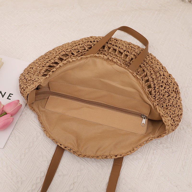 round Straw Bag One Shoulder Portable Hollow Out Cutout out Straw Bag Woven Bag Women Summer Seaside Casual Vacation Beach Bag EaseWoven