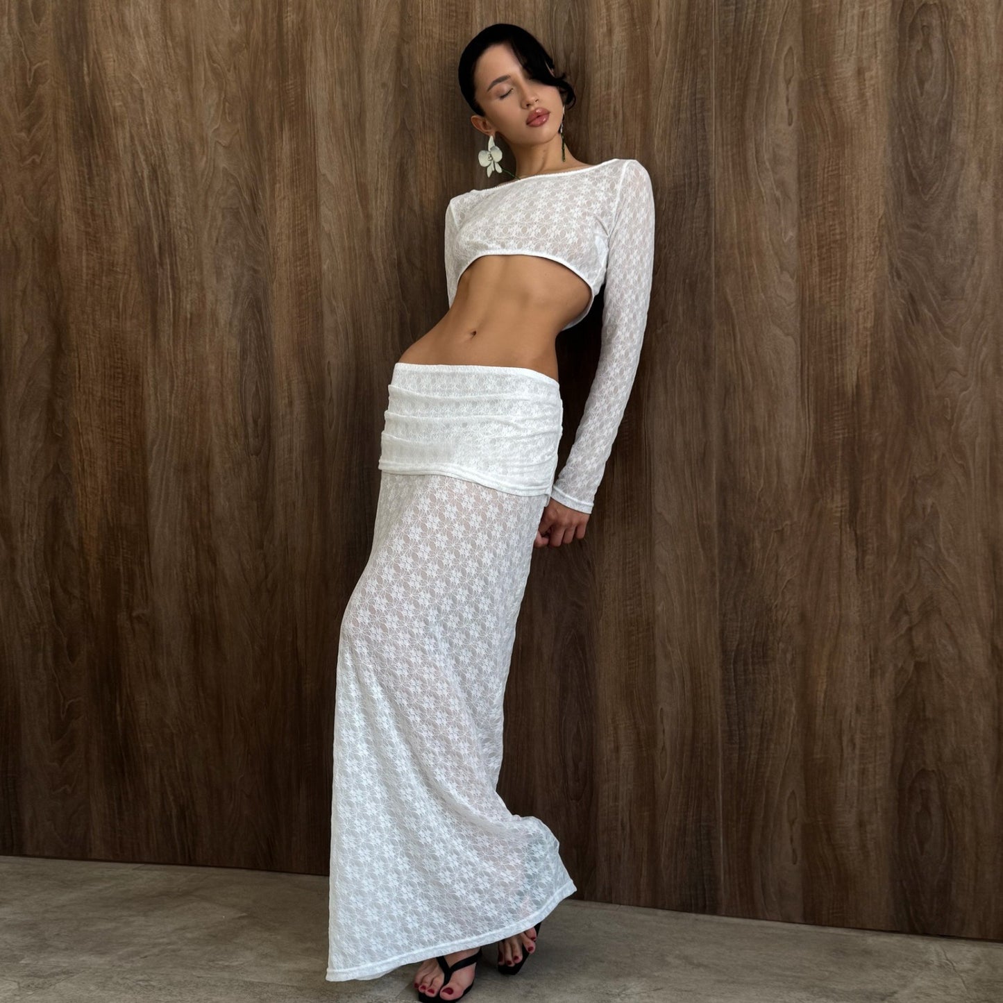 Women Clothing Autumn Sexy round Neck Cropped Long Sleeve Top Low Waist Skirt Set
