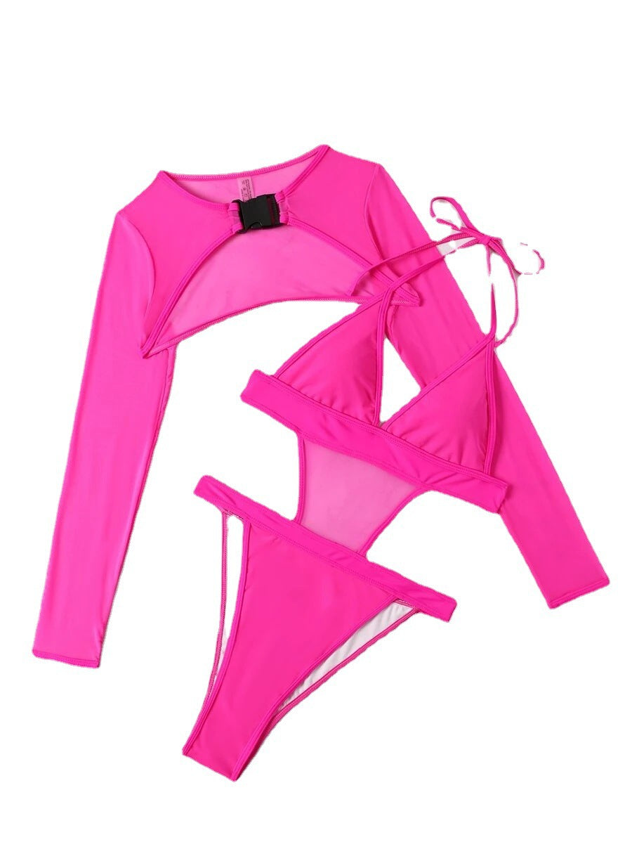 Traje de baño sexy con cuello halter, blusa de manga larga multicolor, color sólido
