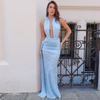 Vestido halter con espalda descubierta y aberturas con encaje sexy para mujer, primavera y verano