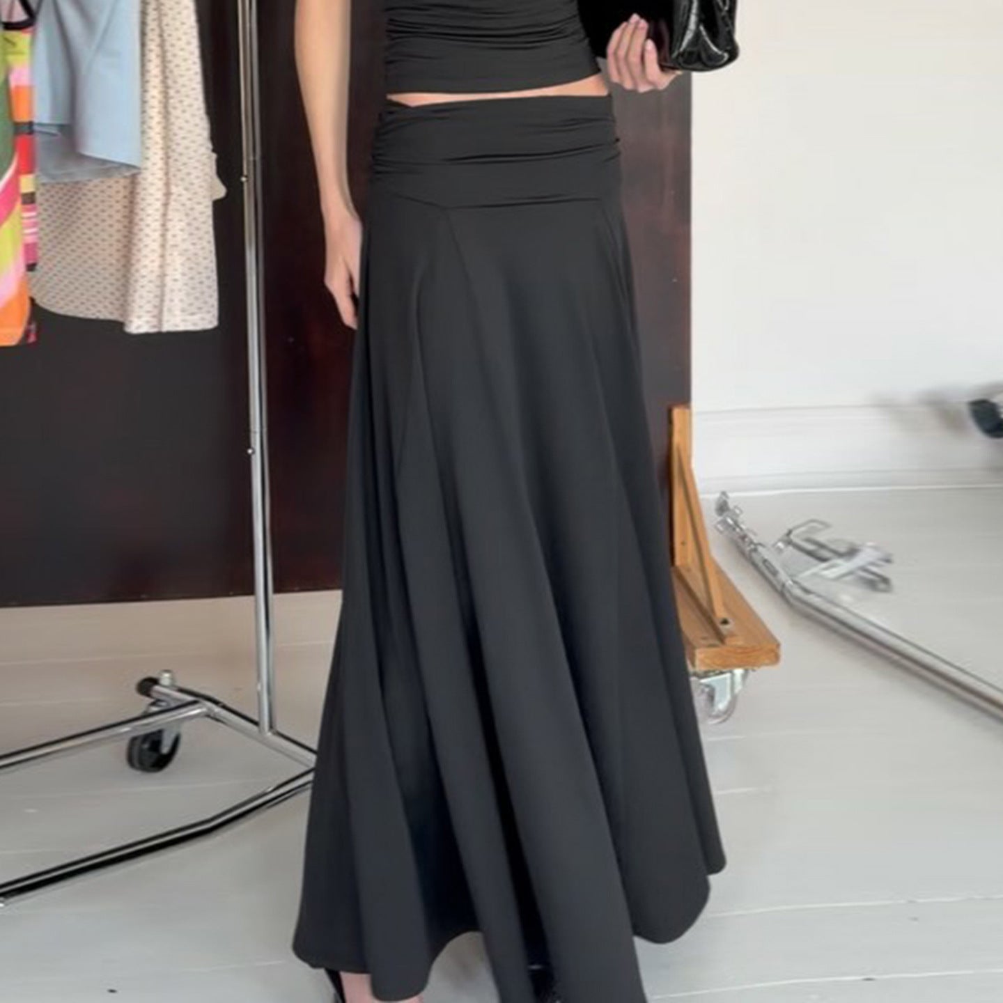 Summer Wide Waist Head Draping Solid Color Minimal Skirt Fashionable Elegant Gentle A line Dress Women LingSharp