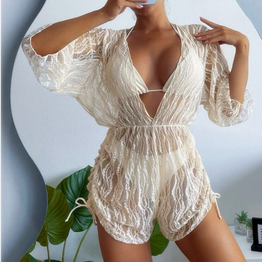 Traje de baño de malla con corsé de manga larga para mujer, blusa protectora solar con cordón de cintura alta, bikini de tres piezas