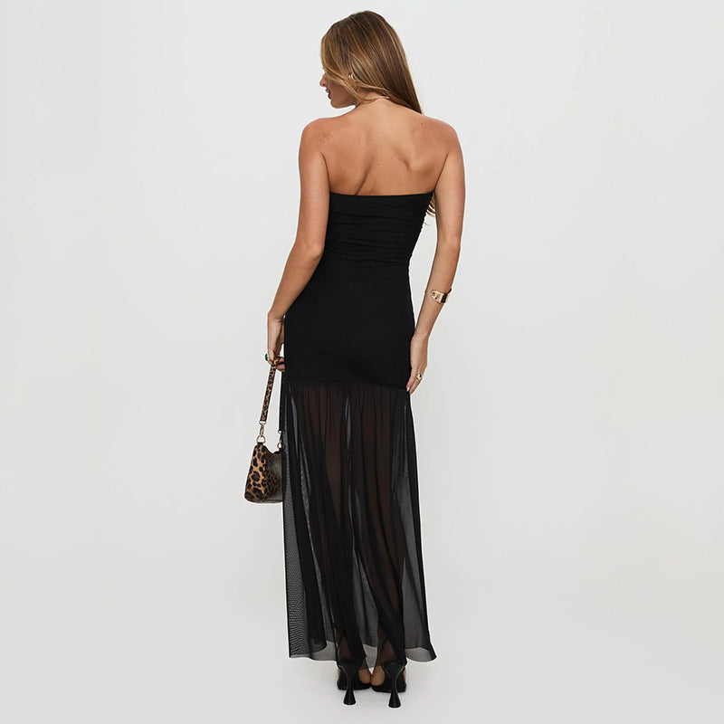 Robe tube gracieuse, poitrine enveloppée, sans bretelles, robe sexy de vacances, robe fendue en maille enveloppée sur les hanches