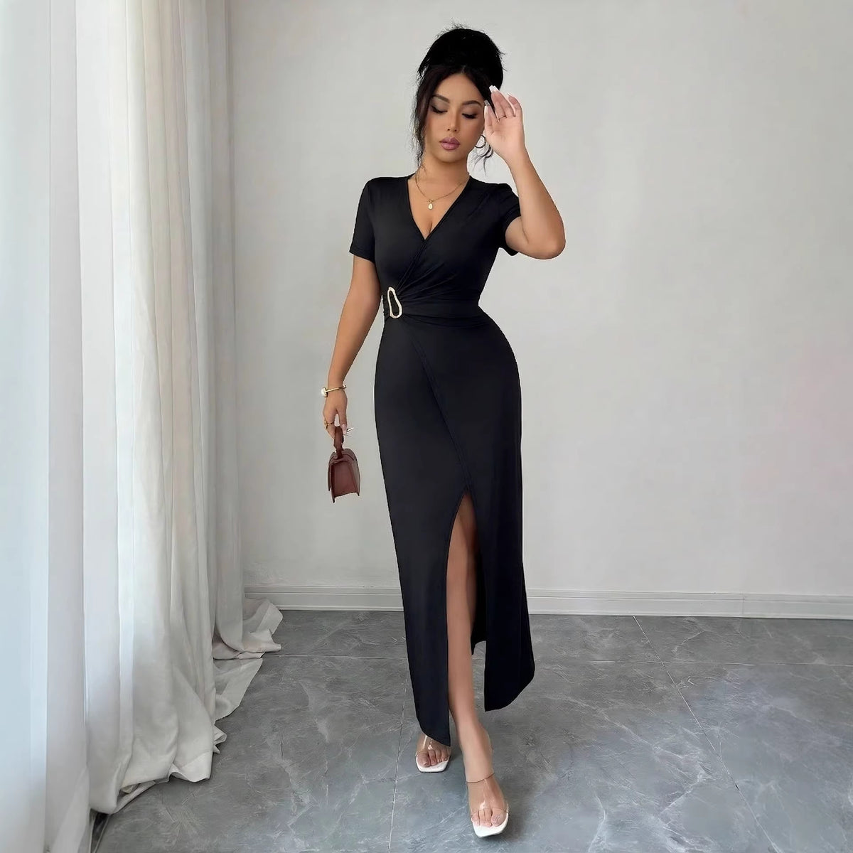V neck Cross Metal Buckle Pleated Waist Tight High Slit Dress Women Summer Dress Vivish