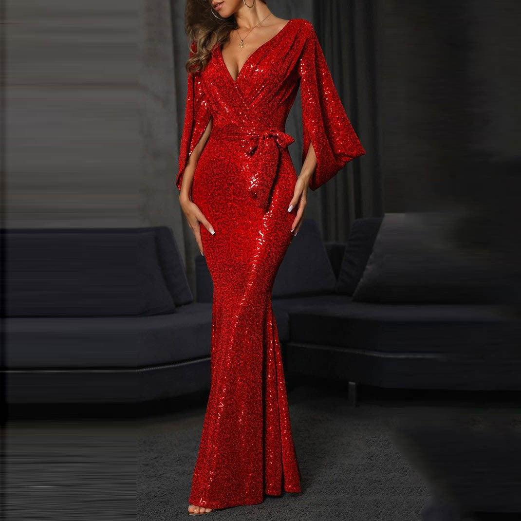 Summer Dress Sexy Slit Solid Color Sequ Long Mop Evening Dress SCC