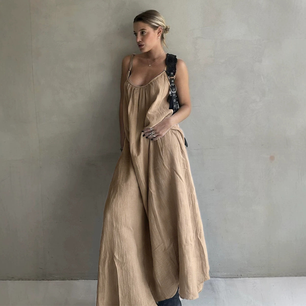 Cami Dress Spring Summer Women Loose Texture Sense A line Low Collar Long Vacation Dress BlueLine