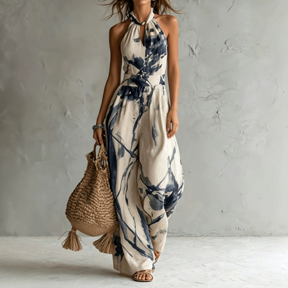 Ink Printing Wide Leg Pocket Jumpsuit Casual Sleeveless Halter Tied Jumpsuit Venly