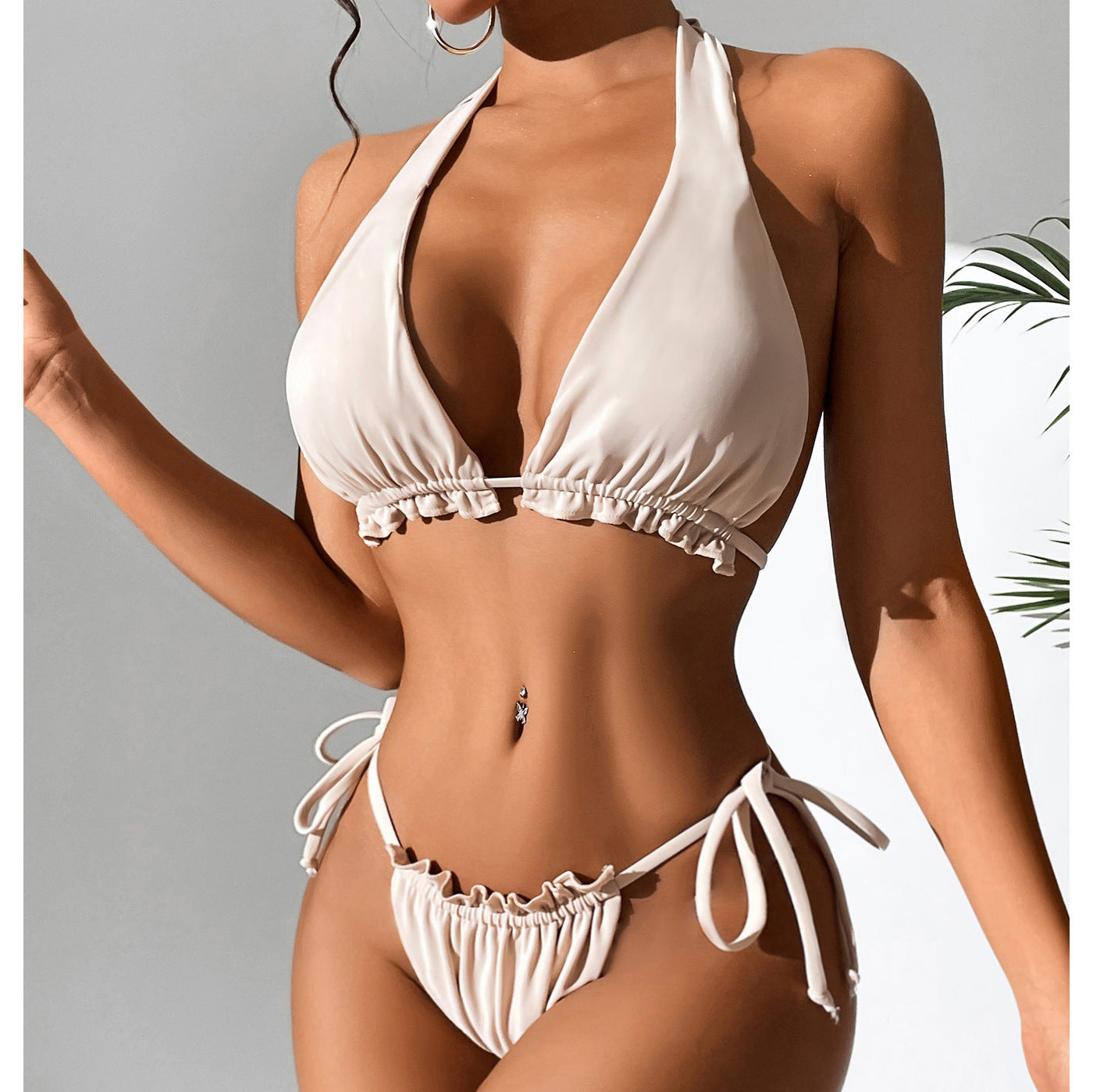 Traje de baño de bikini sexy de color sólido con cuello halter dividido para mujer