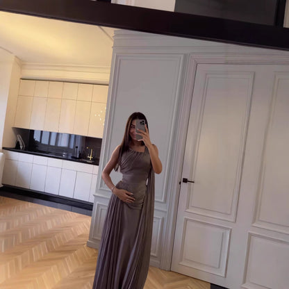 Spring Summer Women Clothing Pleated Ribbon Satin Evening Dress RMAI