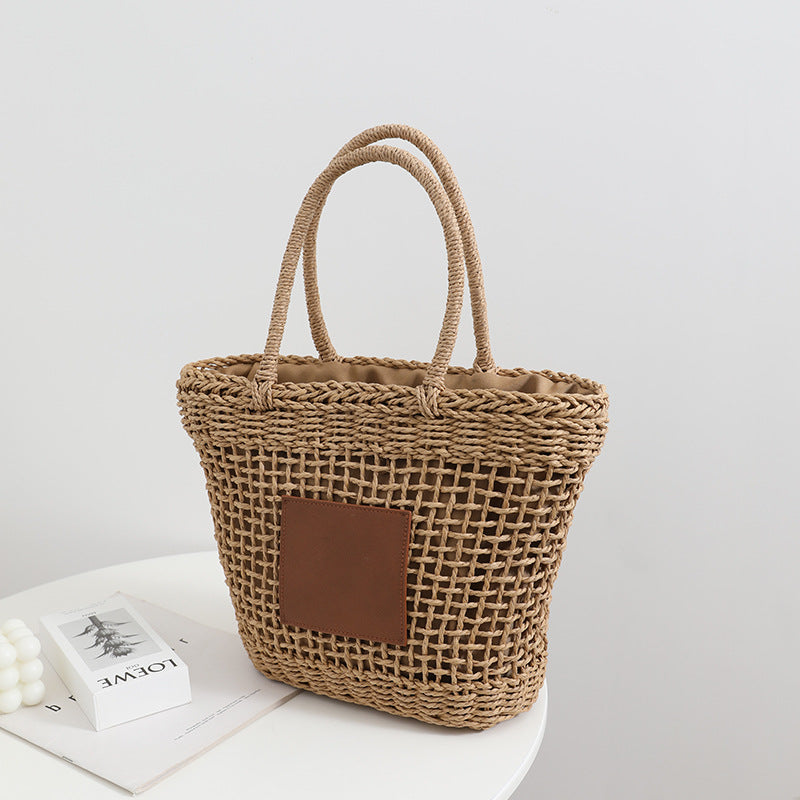 Bolso de paja tailandés de nicho, retro, de un solo hombro, portátil, con aberturas, tejido, para mujer, para vacaciones en la playa 