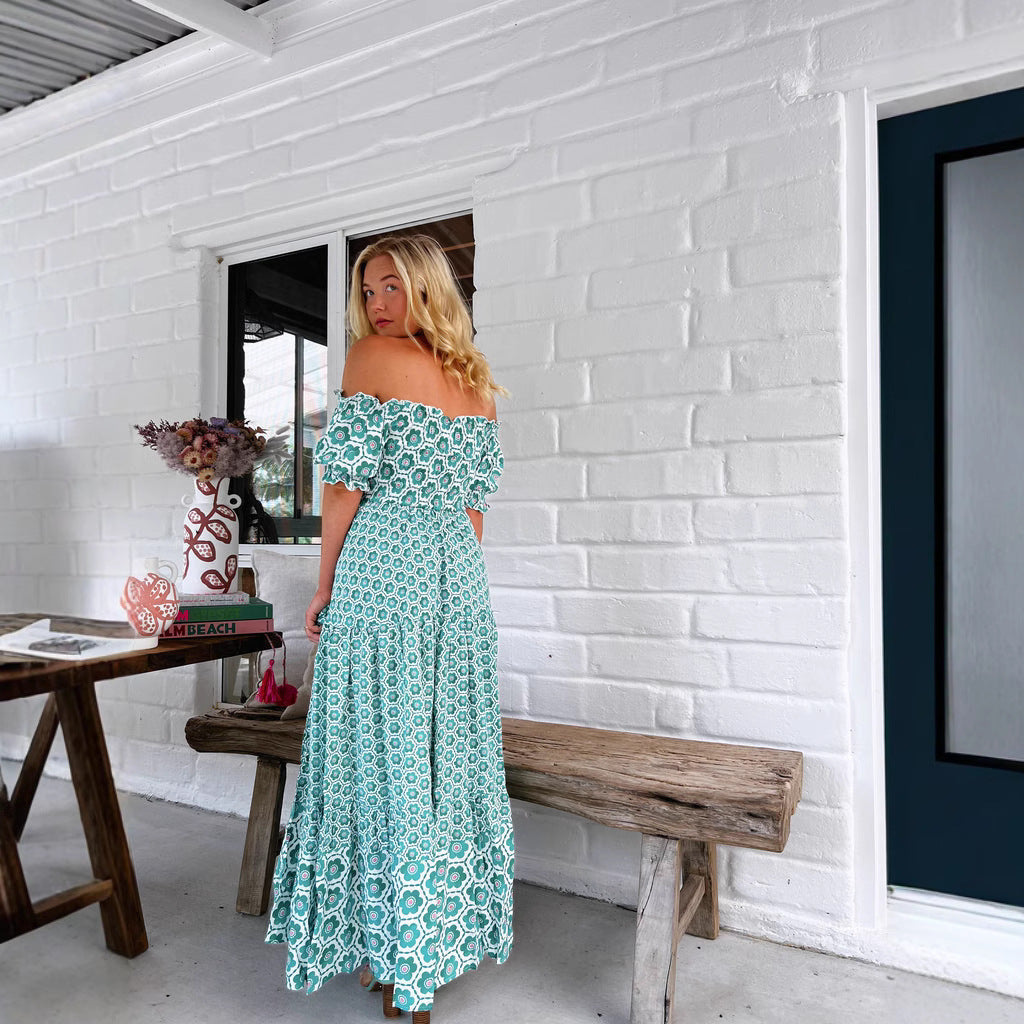 Women Clothing Printed Puff Sleeve Large Swing Dress XUYUN