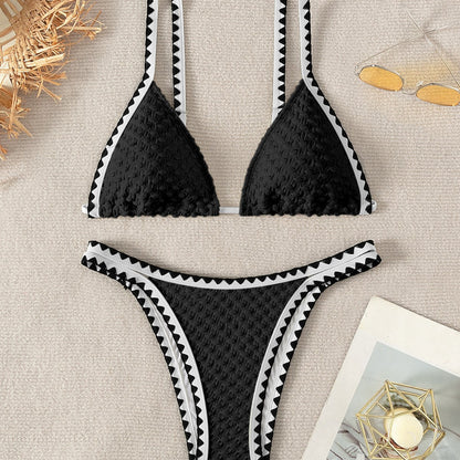 Traje de baño bikini de tela especial de color sólido festoneado para mujer, sexy, dividido, para vacaciones