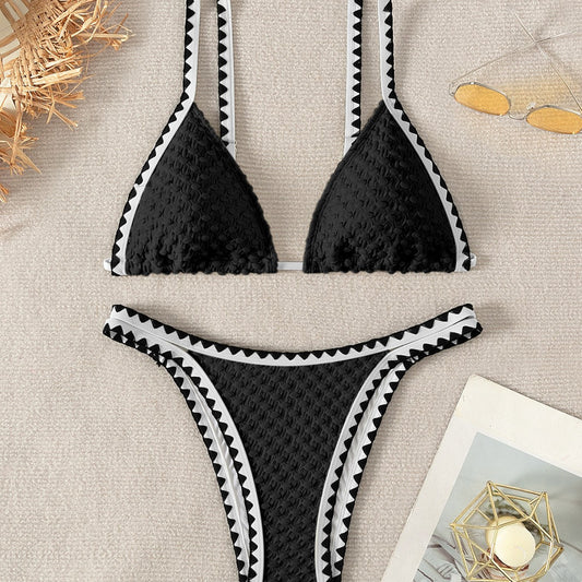 Traje de baño bikini de tela especial de color sólido festoneado para mujer, sexy, dividido, para vacaciones