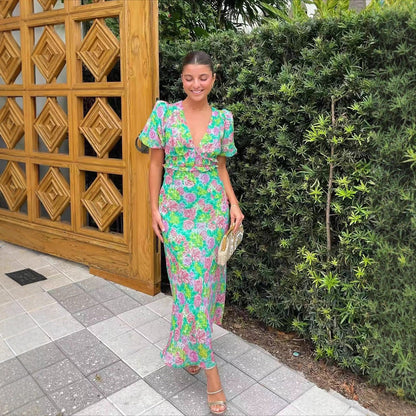 Summer French Puff Sleeve V neck Printing Dress