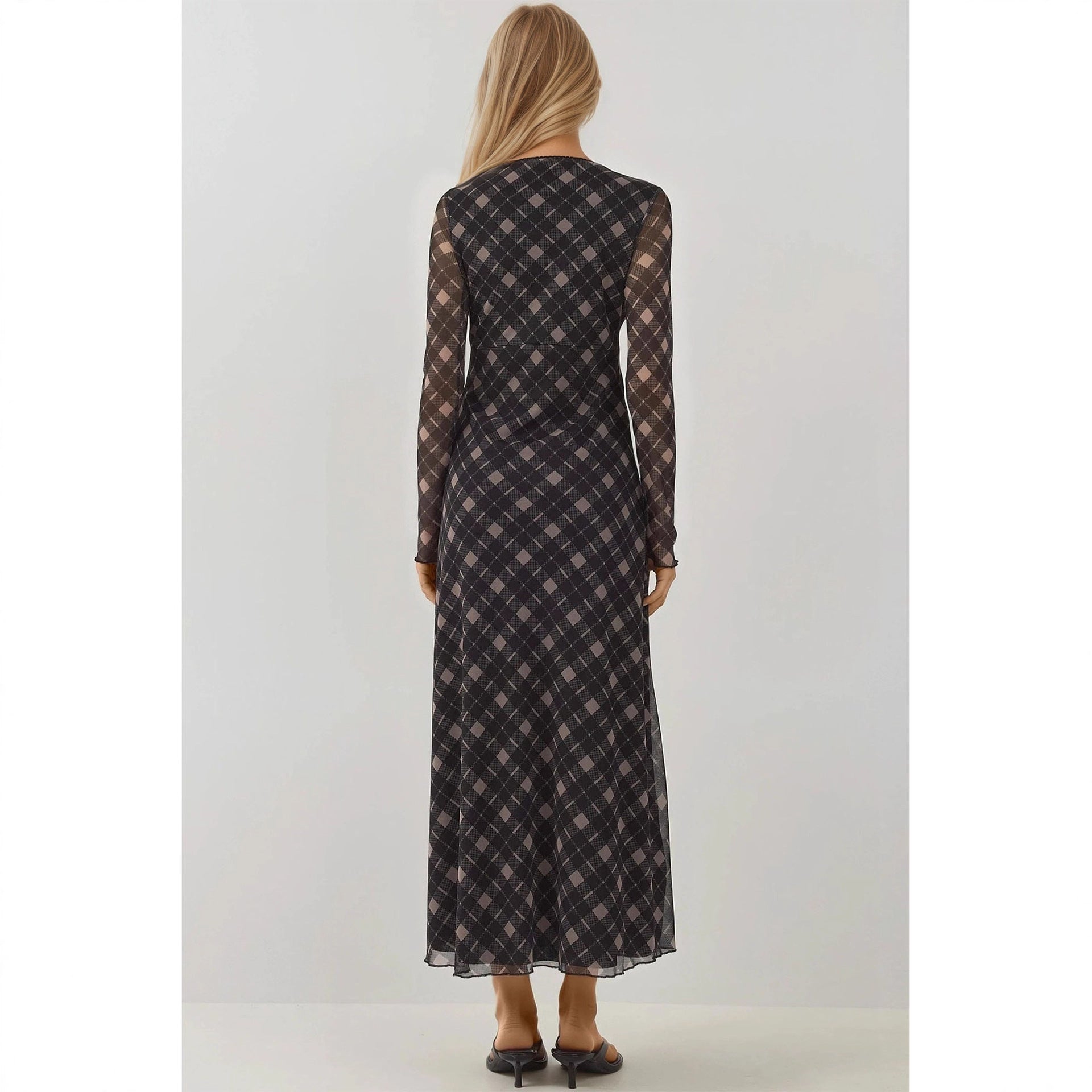 Autumn Retro V neck Lace up Plaid Elegant Graceful Slim Dress Rogan