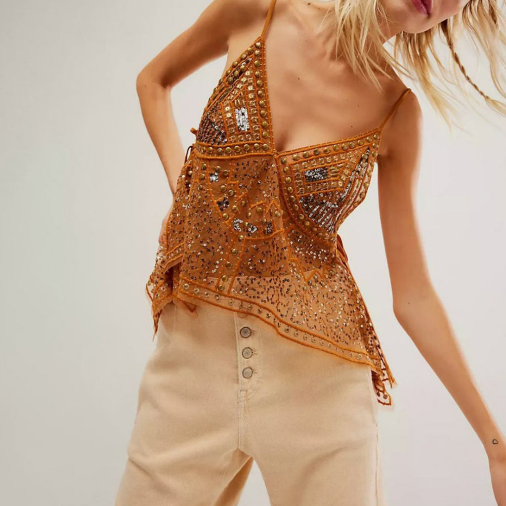 Débardeur sexy et transparent dos nu, tendance et orné de strass, gilet de plage avec protection solaire