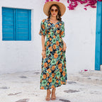 Summer V neck Ruffled Short Sleeve Maxi Dress Elegant Seaside Holiday Dress JoyMer