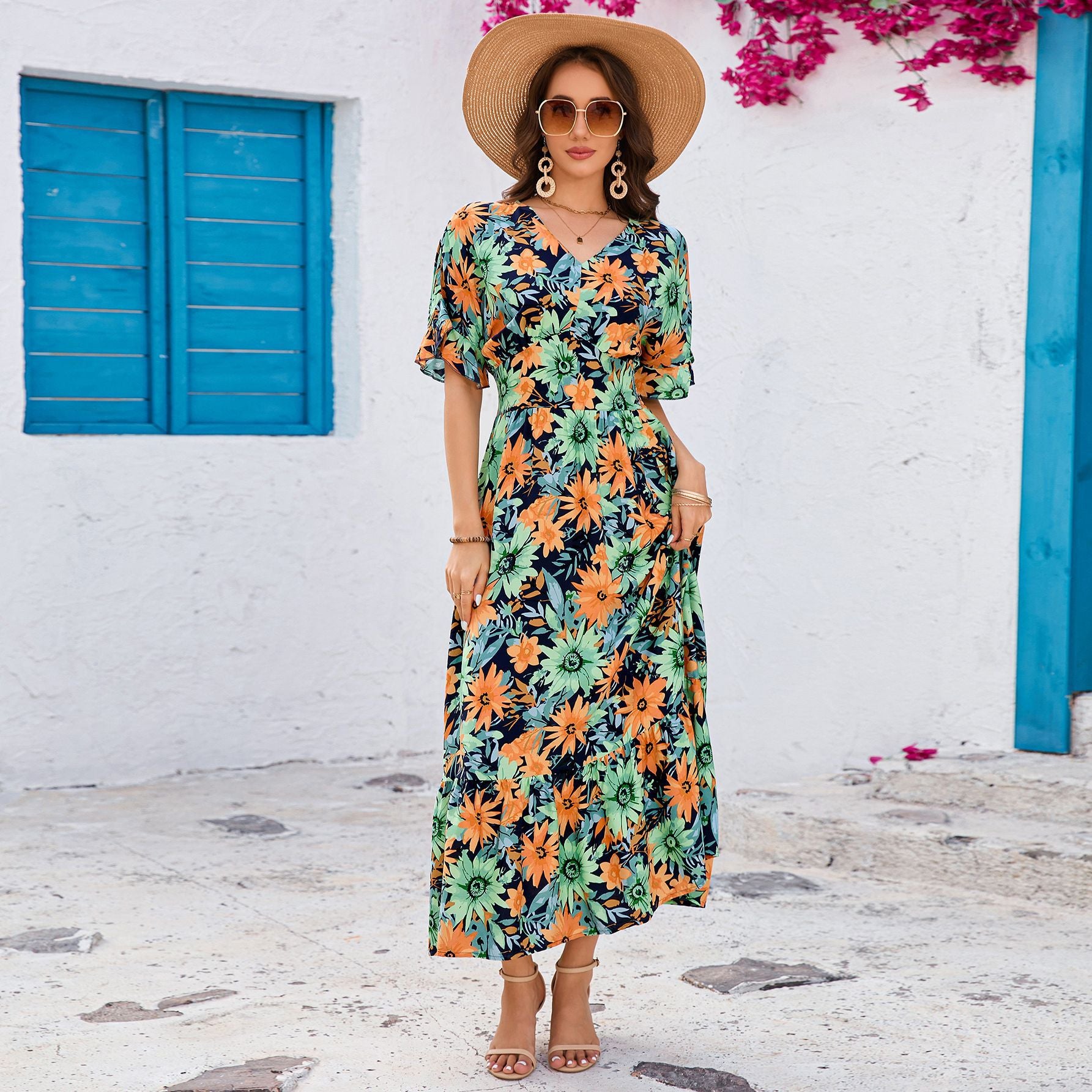 Summer V neck Ruffled Short Sleeve Maxi Dress Elegant Seaside Holiday Dress JoyMer