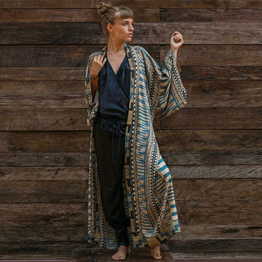 Rayon Positioning Printed Sexy Cardigan with Belt Beach Cover-up Vacation Skirt Beach Cover Up