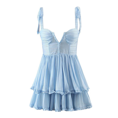 Spring Women Clothing Sexy Three Layer Colorful Silk Chiffon Sling Dress Large Swing Dress