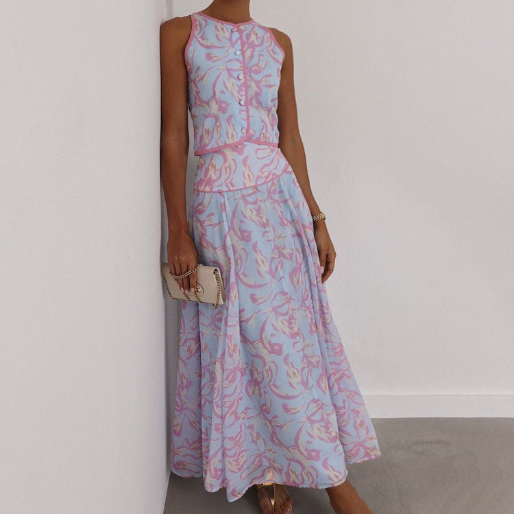 Summer Printed Skirt Set Women Arrival round Neck Sleeveless Cardigan Top Skirt Two Piece Set Commuting Kigali