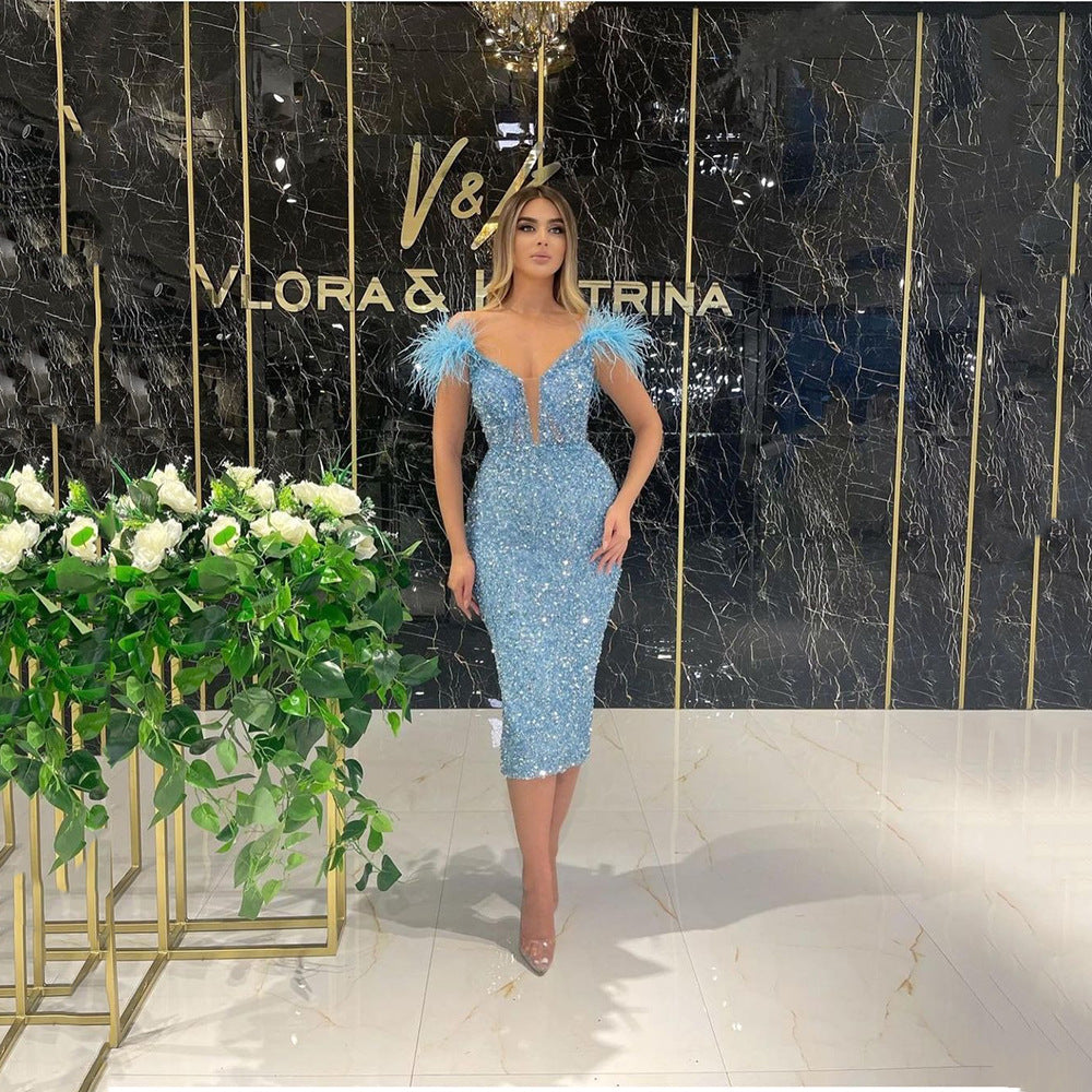 Spring Summer Women Deep V Plunge Sequ Sexy Evening Dress Feather Sequ Sleeveless Formal Dress SCC