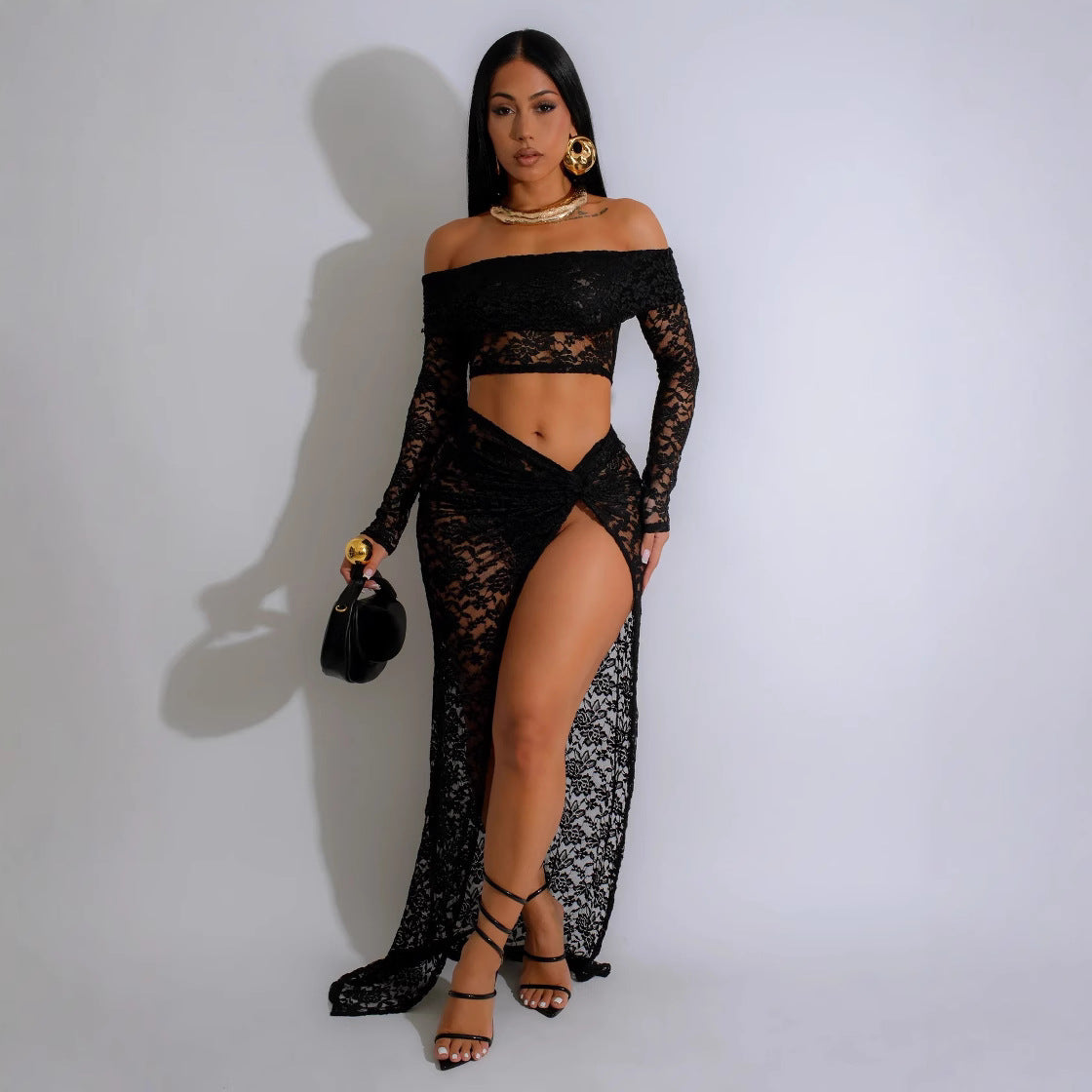 Falda de traje de encaje con top de tubo sexy de otoño, falda plisada de manga larga con abertura alta para mujer