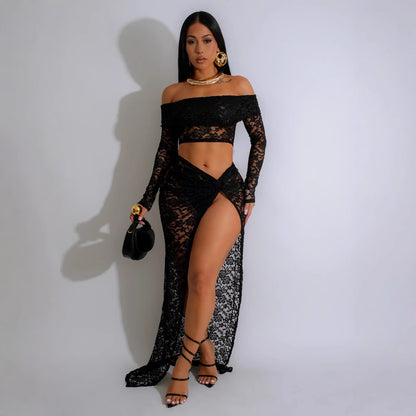 Falda de traje de encaje con top de tubo sexy de otoño, falda plisada de manga larga con abertura alta para mujer