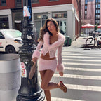 Women Clothing Autumn Winter Street Lace Plush Long Sleeved Top Sexy Skirt Set Burgatti