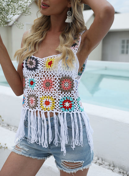 Women Clothing Women Top Pure Hand Crocheting Mixed Color Non-Positioning Floral Block Tassel Stitching Vest Top