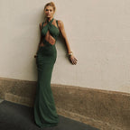 Autumn Winter Women Stitching Sexy Hollow Out Cutout out Solid Color Slim Fit Sheath Fishtail Dress Dores