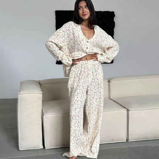 Pijamas holgados y cómodos de algodón puro para mujer, de manga larga, con estampado de primavera