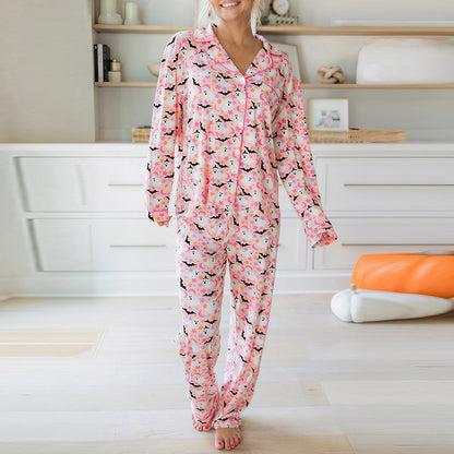 Conjunto de pijama informal con varios botones para mujer, bonito y reductor de edad, con estampado de Halloween, para el hogar
