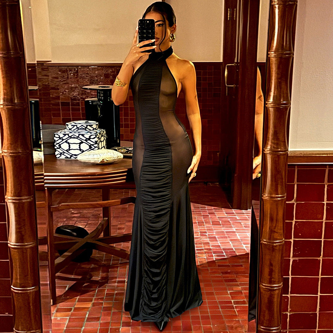 Spring Women Clothing Halter Backless Gauzy Stitching See through Sexy Slim Dress Dores