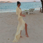 Colección de verano para mujer, vestido ajustado de encaje plisado con escote en V transparente sexy en L con aberturas