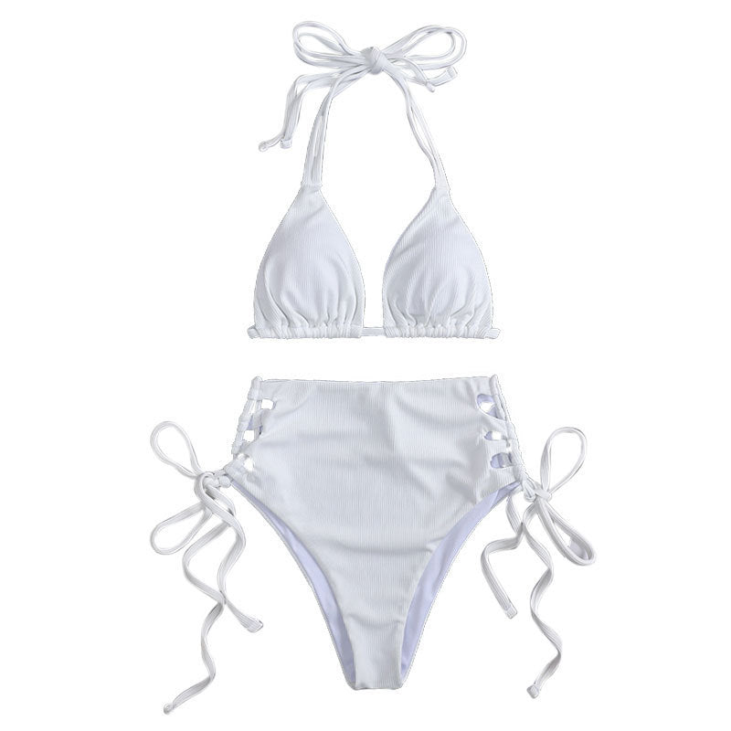 Bikini sexy de color sólido con cintura alta y abertura para mujer, traje de baño de verano con copa triangular y cuello halter