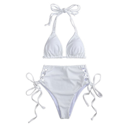 Bikini sexy de color sólido con cintura alta y abertura para mujer, traje de baño de verano con copa triangular y cuello halter