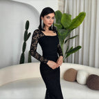 Autumn Winter Women Clothing Fashionable Elegant Lace Stitching Square Collar Slimming Pleated Maxi Dress