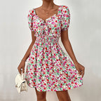 Summer Floral Waist Puff Sleeve Stitching Dress Jeme