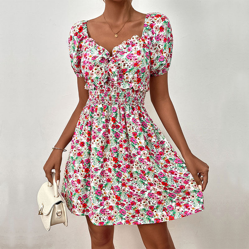 Summer Floral Waist Puff Sleeve Stitching Dress Jeme