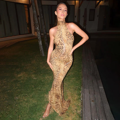 Summer Sexy Backless Slim Fit Strap Halter Irregular Asymmetric Leopard Print Dress Women